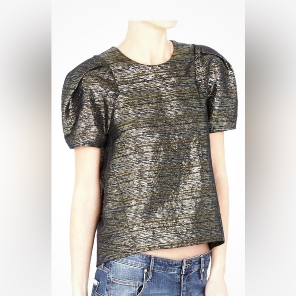 sass & bide Metallic Black and Gold Puff Sleeve Top